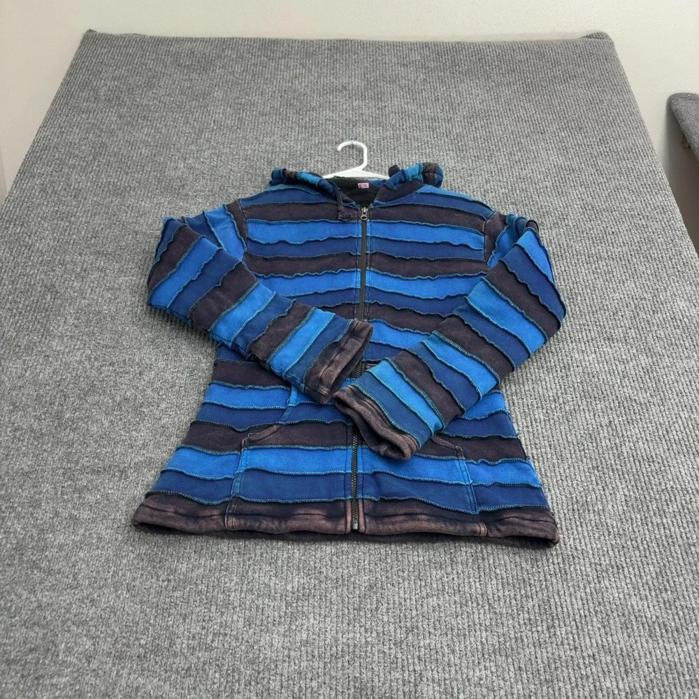 Unbranded Hoodie Womens XXL Blue Cotton Raw Edge Patchwork Boho Grunge Style